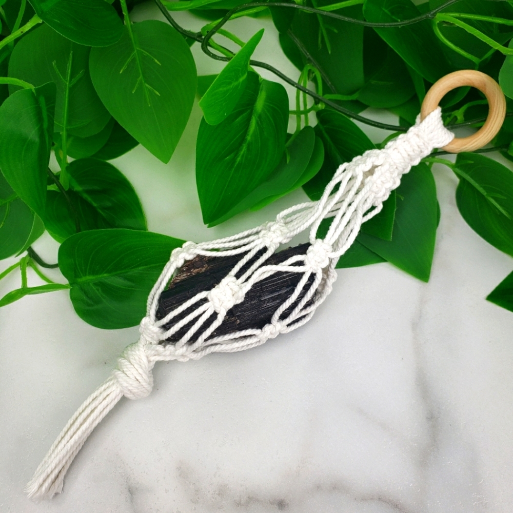 Black Tourmaline Healing Crystal in a Macrame Wall Hanger Decor Protection